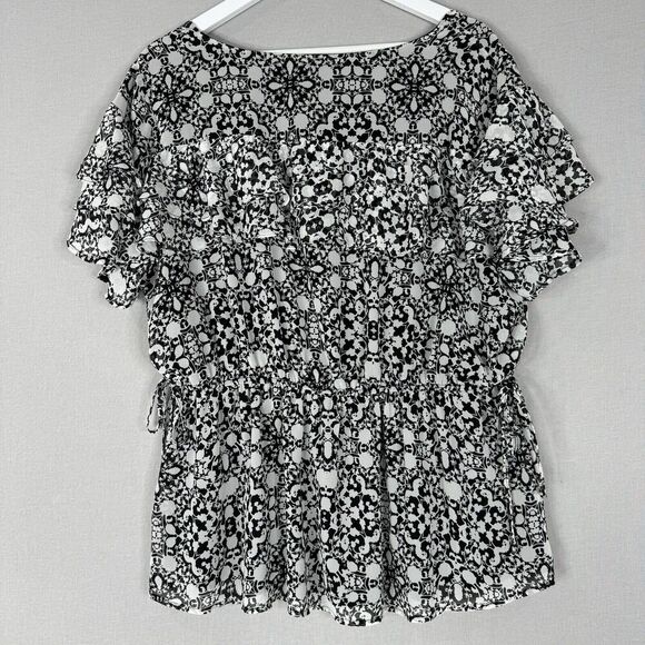 Lane Bryant Womens Top 16 Black Floral Blouse Tiered Flutter Sleeve Feminine - Picture 7 of 15